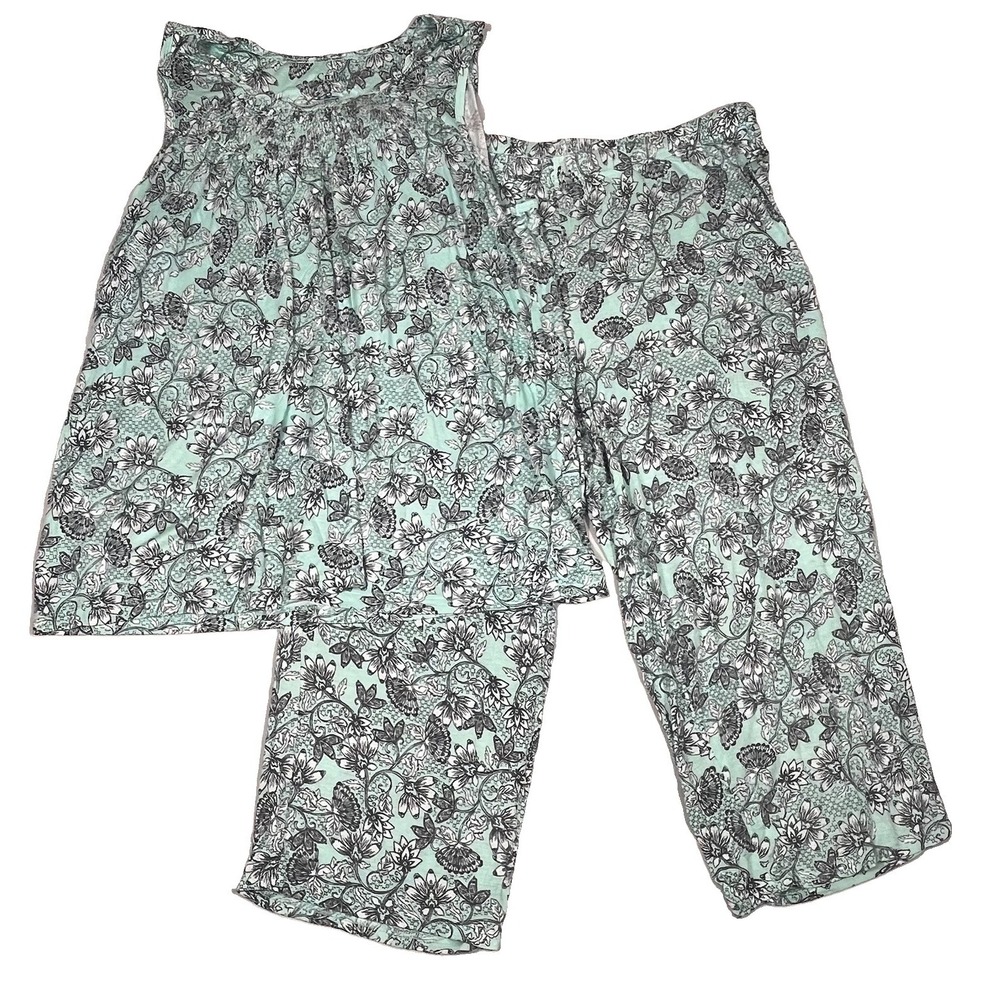 Croft & Barrow XL 2 Pc Pajama Set Floral Mint Green Sleeveless Top Wide Leg Pant